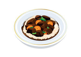 Stewed beef with rice and carrot on a plate vector illustration. Beef stew and rice on a plate icon vector isolated on a white background. Beef goulash drawing