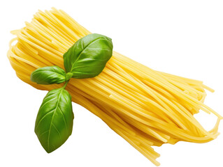 A bundle of spaghetti pasta with a sprig of basil on transparent background