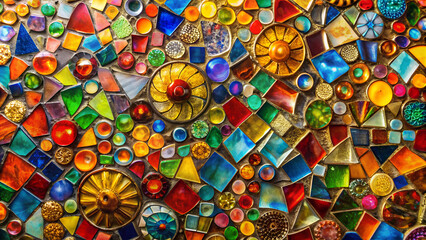 Naklejka premium Colorful mosaic pattern with various shapes and textures, vibrant and intricate