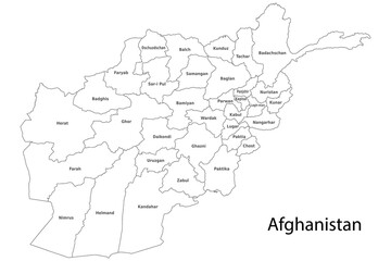 Administrative regions of Afghanistan. Province, state, division name with white map with black outline. Vector illustration
