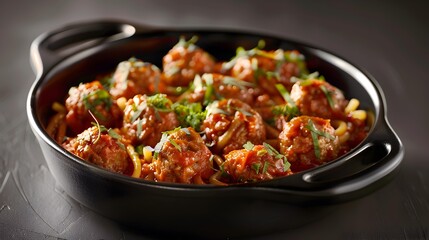 Fototapeta premium Meat balls in tomato sauce served with pasta