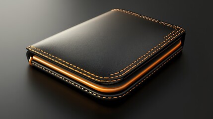 Black leather wallet with orange stitching on a dark background.
