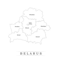Administrative regions of Belarus. Province, state, division name with white map with black outline. Vector illustration