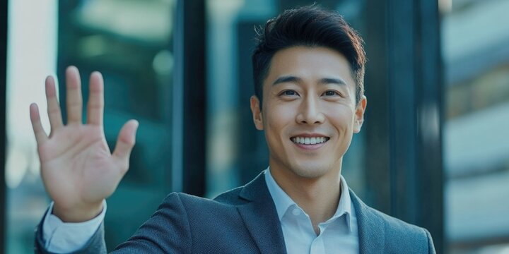A business professional waving goodbye or hello, suitable for corporate or personal use