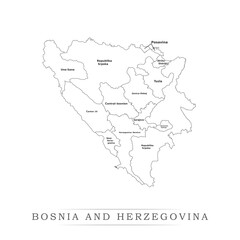 Administrative regions of Bosnia and Herzegovina. Province, state, division name with white map with black outline. Vector illustration
