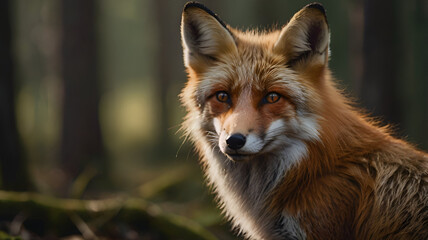 Fototapeta premium Frightened animal fox in the forest. AI generated.