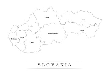 Administrative regions of Slovakia. Province, state, division name with white map with black outline. Vector illustration