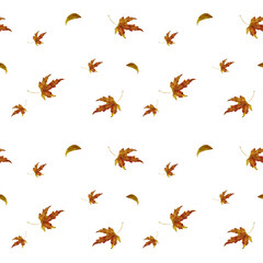 Autumn leaves. Yellow and red leaves of maple and linden. Seamless watercolor illustration in digital style. Set of beautiful leaves isolated on background. Golden Autumn and Thanksgiving