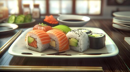 Sushi plate with assorted sushi and rolls