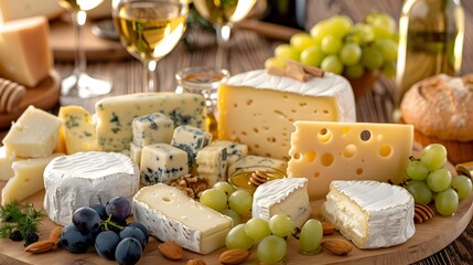 Assorted cheese of various varieties neatly laid out