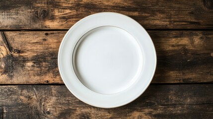 Minimalist Culinary Presentation - White Plate on Rustic Wooden Table for Food Template Design Concept