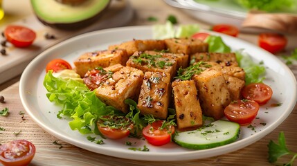 Tofu a portion of fried tofu with vegetables