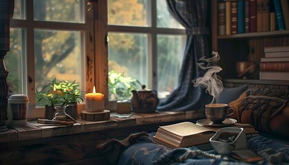 Interior of living room with armchair and coffee cup