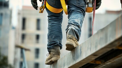 Balancing Act - Construction Worker on Narrow Beam with Fall Protection Harness, Ensuring Precision and Safety