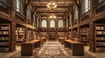 Obraz premium A library with rows of bookshelves and quiet study areas.