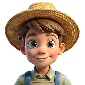 3d render style of a farm boy with straw hat isolated on a transparent background