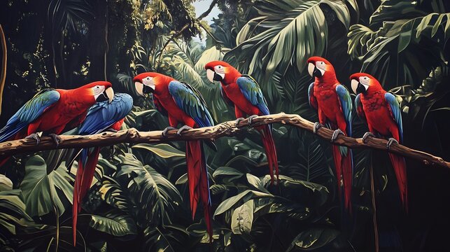 58. "A lively group of parrots perched on a branch, surrounded by dense tropical foliage.