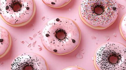 Colorful pink donuts top view with sprinkles