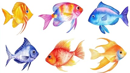 Fototapeta premium Six Watercolor Fish with Bright Colors