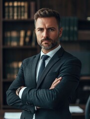 Fototapeta premium A businessman standing with his arms crossed, dressed in a suit and tie