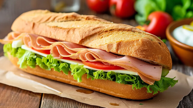 Delicious homemade pastrami sandwich with turkey tomatoes and lettuce in fresh baguette. Traditional American lunch