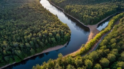  Aerial view of river in forested hills 