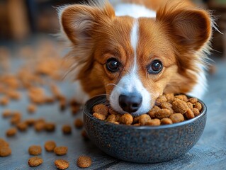 Close-up of a dog happily eating kibble from a colorful food bowl