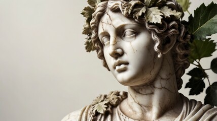Antique marble bust of a woman with grape leaves in hair, Roman Greek style on light