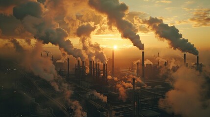 Fototapeta premium Smoke Billows from Industrial Factory Chimneys at Sunset. metalworking shops emit smoke and pollutants