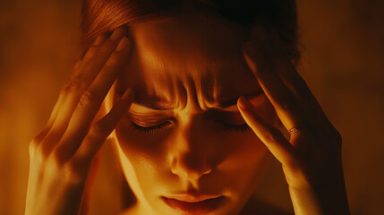 A close-up of a woman pressing her temples, highlighting the strain and tension of a recurring headache 