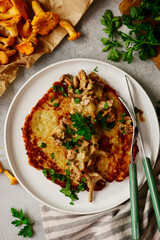 Potato pancakes with creamy chanterelle sauce. Polish cuisine .top veiw