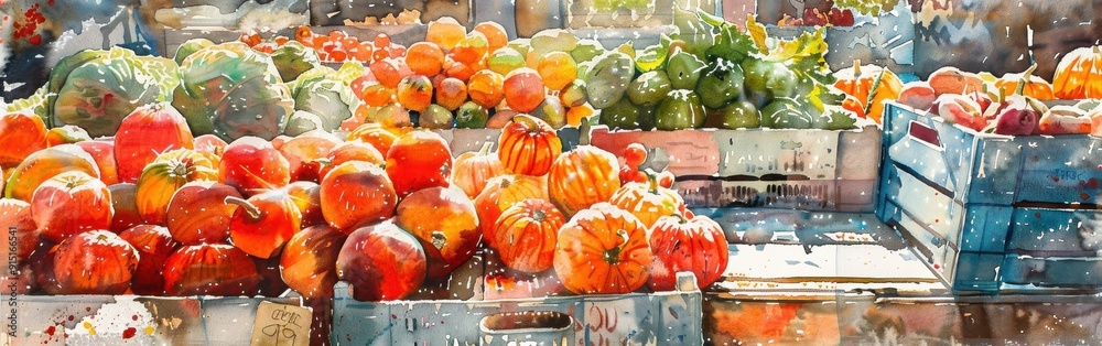 Leinwandbilder fresh produce is displayed in wooden crates at a market stall on a sunny day. the crates are full of
