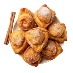 Fried dough pastries with cinnamon sugar isolated on transparent background.