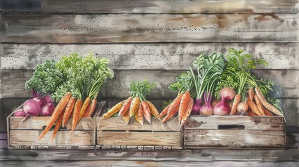 A watercolor painting depicts three wooden crates filled with freshly harvested produce. The crates are arranged on a wooden surface, likely a porch or patio, and a wooden wall is visible behind the c