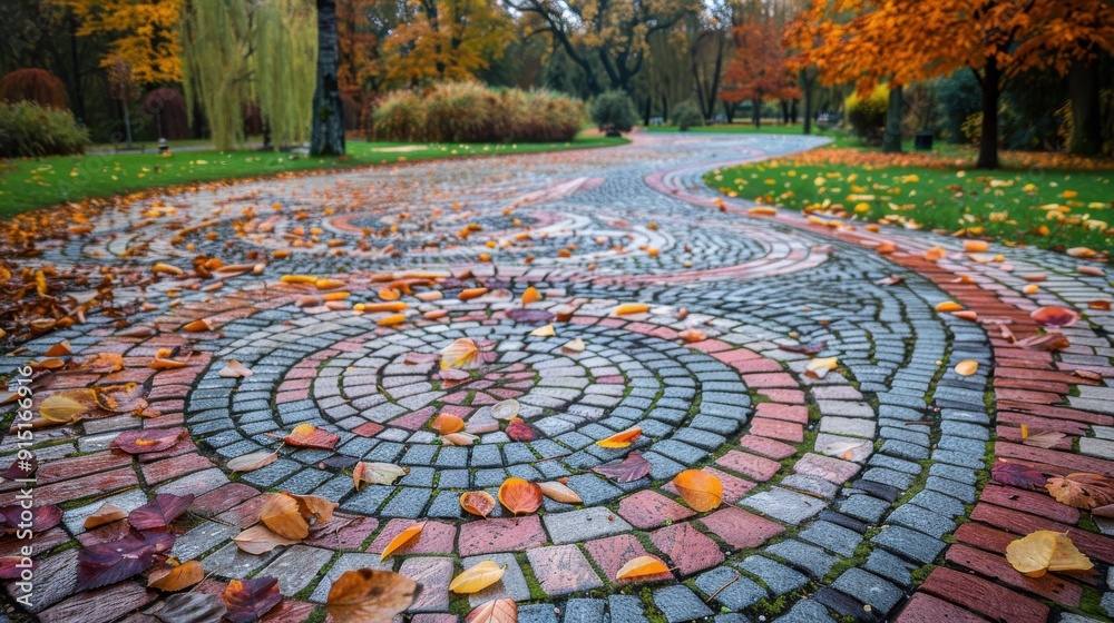 Poster A winding cobblestone pathway in a park is covered with fallen autumn leaves. The leaves are scattered across the path, creating a colorful and beautiful scene.
