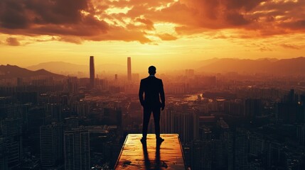 Fototapeta premium Silhouette of a Man Standing on a Rooftop Against a Sunset Cityscape