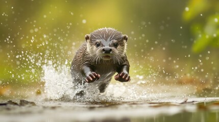 Naklejka na ściany i meble Otter Leaping Through Water Splashes