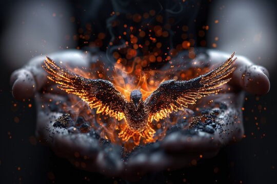 An image depicting a fiery phoenix rising from a pair of hands, symbolizing rebirth and resilience with bright glowing and detailed fiery embers.