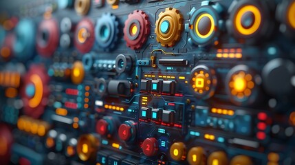 Fototapeta premium A 3D render of marketing automation, featuring automated workflows and software tools, vibrant colors, sleek design, clear layout, interactive elements, with a dark-themed background, hd quality,