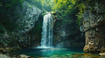 Naklejka premium A majestic waterfall cascading into a pool in a forest.