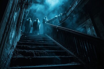 Haunted Staircase: Wide-Angle View of Ghostly Figures in a Dark, Spooky Atmosphere