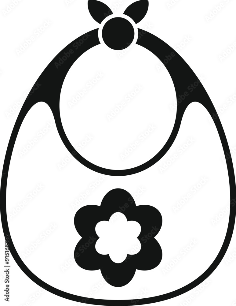 Sticker black and white icon of a baby bib with a flower, representing mealtime for infants and toddlers