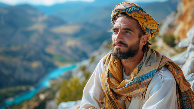 Portrait of Kosovars Handsome Man Wearing Traditional Dress, Showcasing European Cultural Heritage, Vibrant Colours and Handcrafted Details, with Embroidery, Outdoor Rocky Mountain background