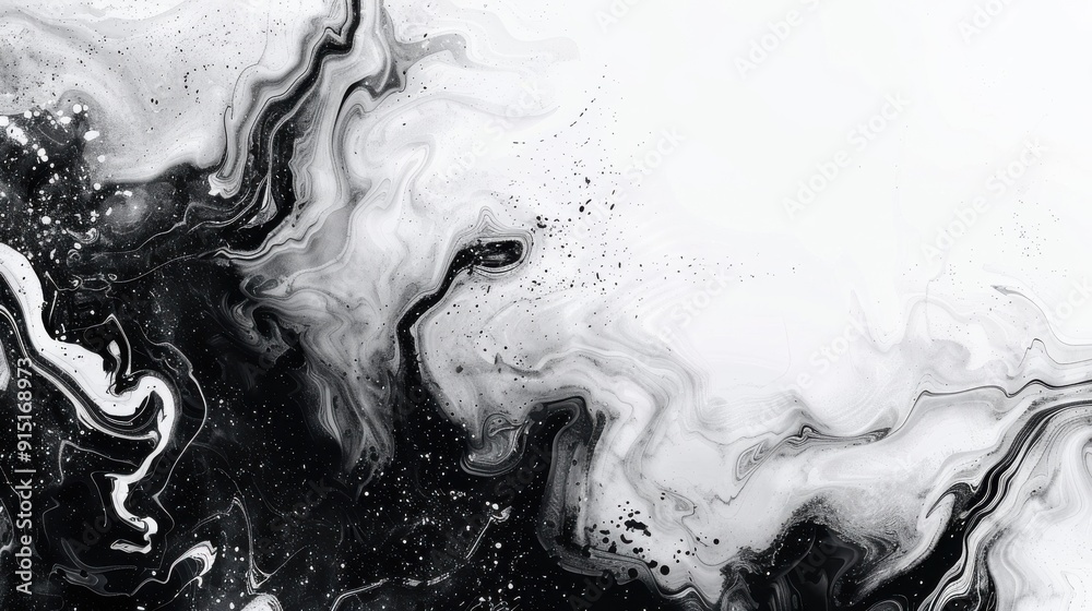 Poster a close-up abstract image of black and white liquid paint swirling and mixing together, creating a m