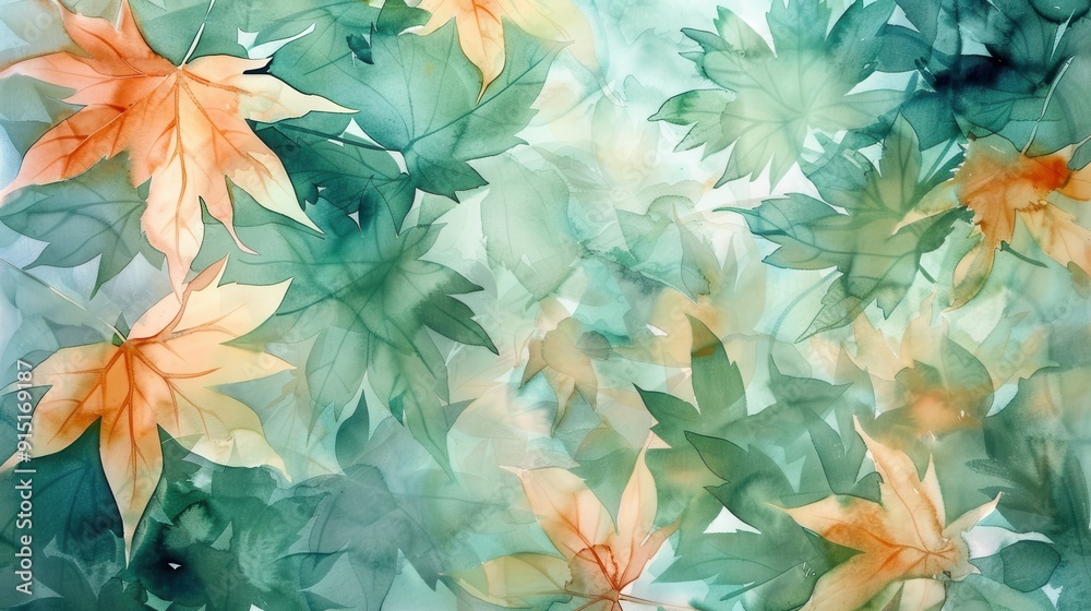 Poster a watercolor painting featuring a close-up view of overlapping green and orange leaves, creating a l