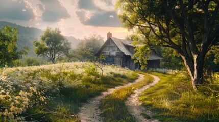 Obraz premium A peaceful countryside with a winding dirt road leading to a charming cottage.