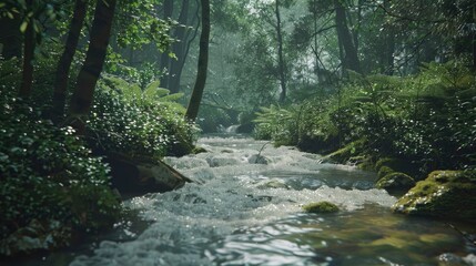 Fototapeta premium A peaceful river flowing through a dense forest.
