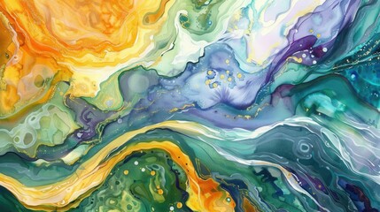 This abstract painting features a vibrant blend of colors, including yellow, green, blue, and purple, creating a dynamic and fluid composition. Swirls and lines of paint flow across the canvas, creati