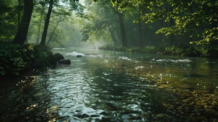 Obraz premium A peaceful river flowing through a dense forest.