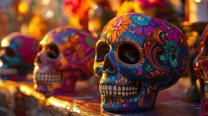 Fototapeta premium Colorful sugar skulls with intricate designs are artistically arranged on an altar, celebrating the traditions of the Day of the Dead
